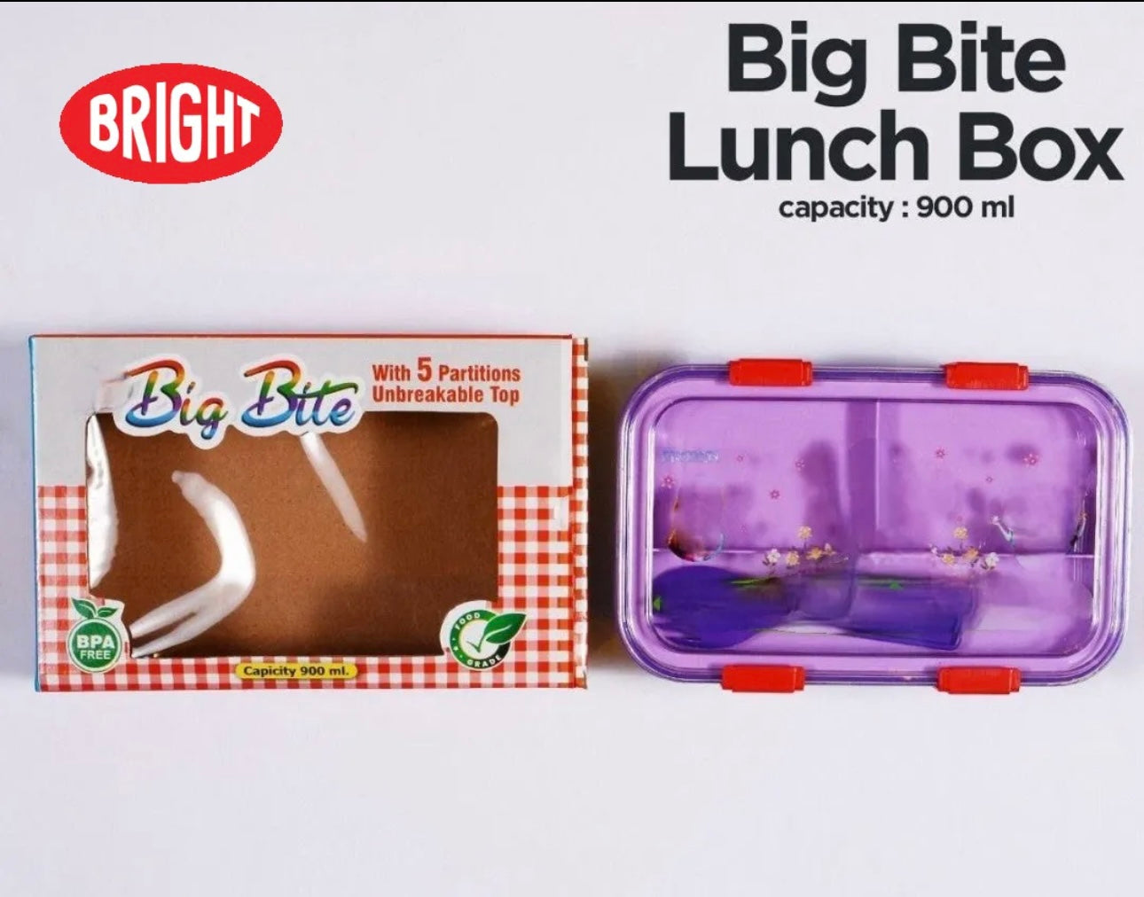 Bright Big Bite Lunch Box 900ml with fork, Cartoon Printed Plastic